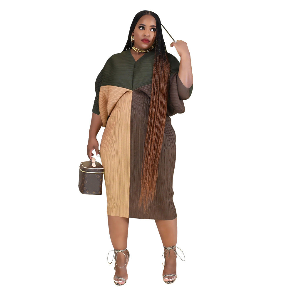 V-collar Contrast Color Pleated Batwing Sleeve Dress