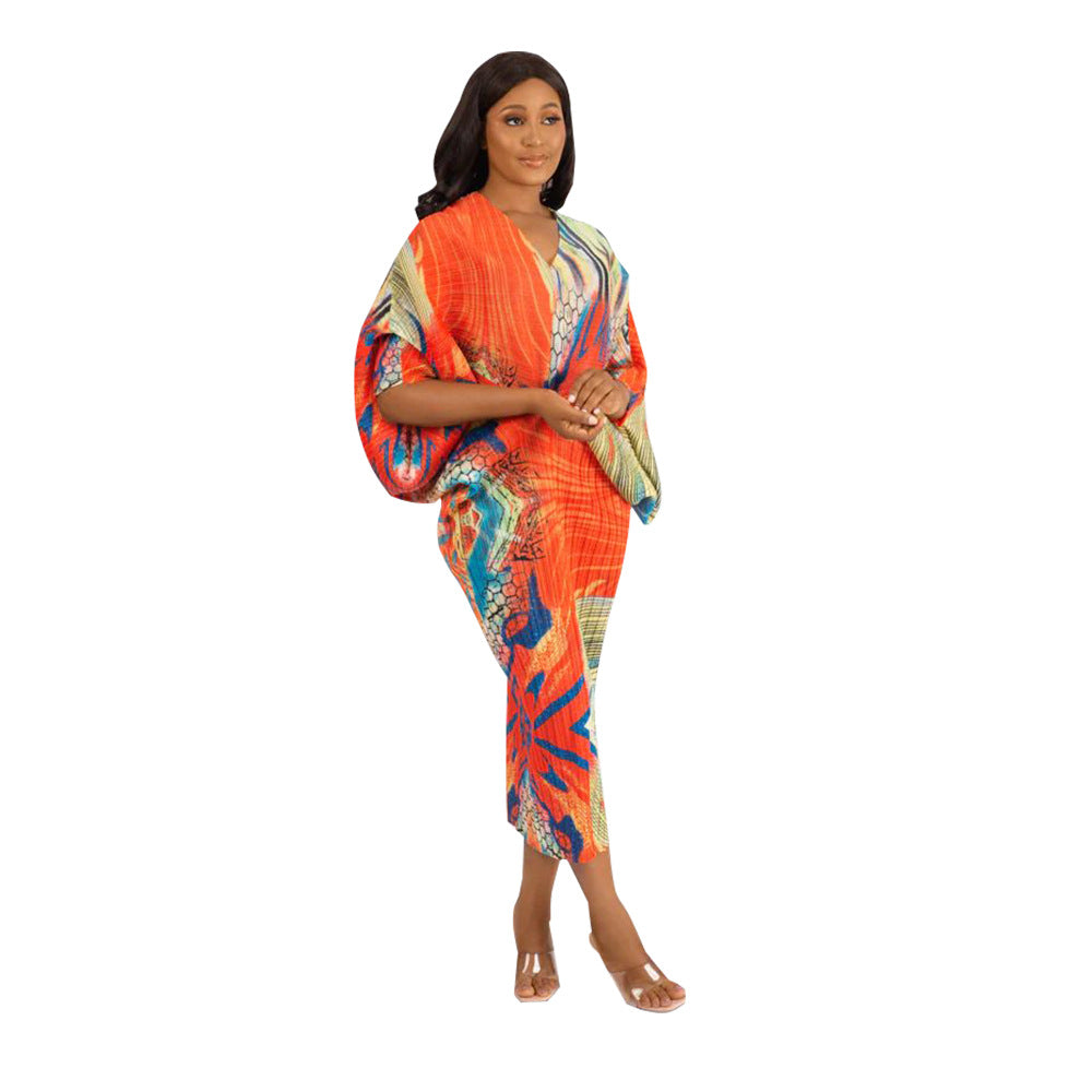 V-collar Contrast Color Pleated Batwing Sleeve Dress