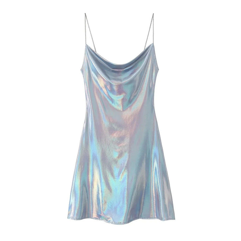 European And American Fashion Low Collar Backless Metallic Sling Dress