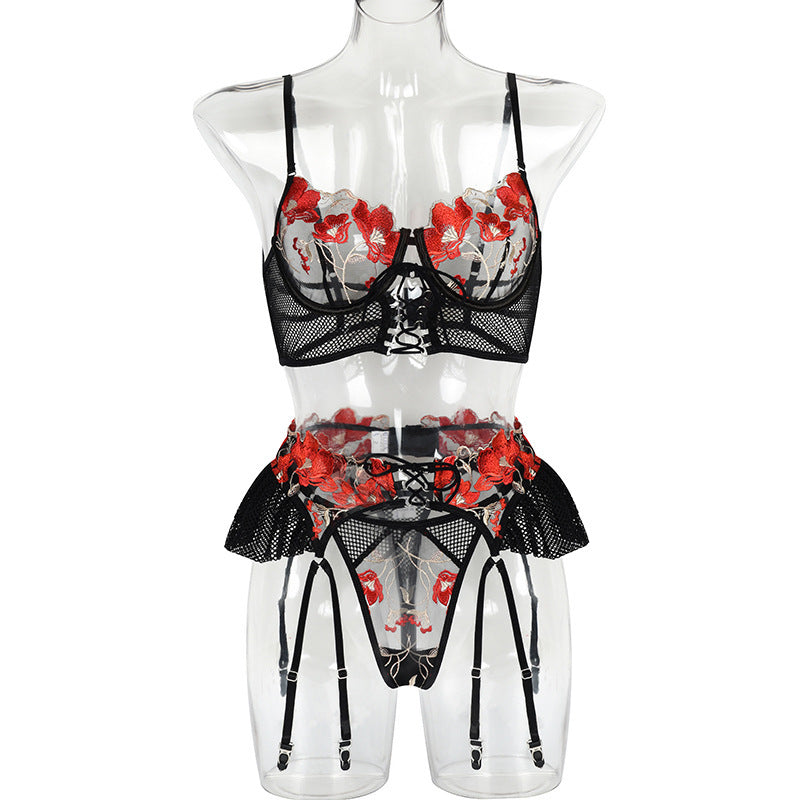Red Hit Black Embroidery See-through Suit