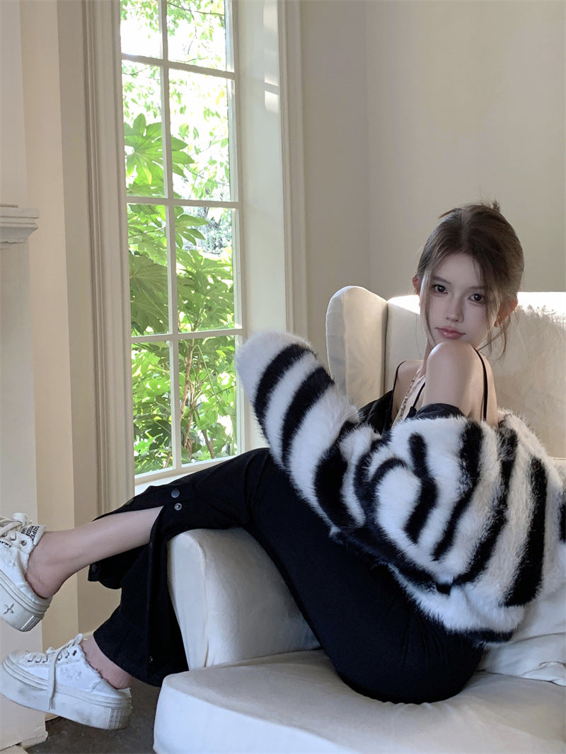 Heavy Industry Large Lapel Zebra Pattern Environmental Protection Fur Short Coat