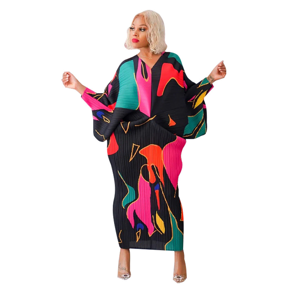 V-collar Contrast Color Pleated Batwing Sleeve Dress