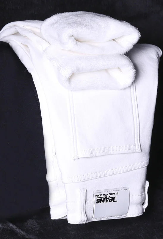 2022 Men Stretch Jeans Fashion white Denim Trousers For Male Winter fleece Retro Pants Casual Men's Jeans size 27-36