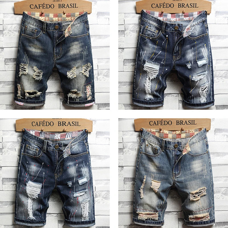 2023 New Spring Summer Men's Denim Shorts Men's Clothing Beach Ripped Jeans Denim Cotton Short Casual Business Social Men Shorts