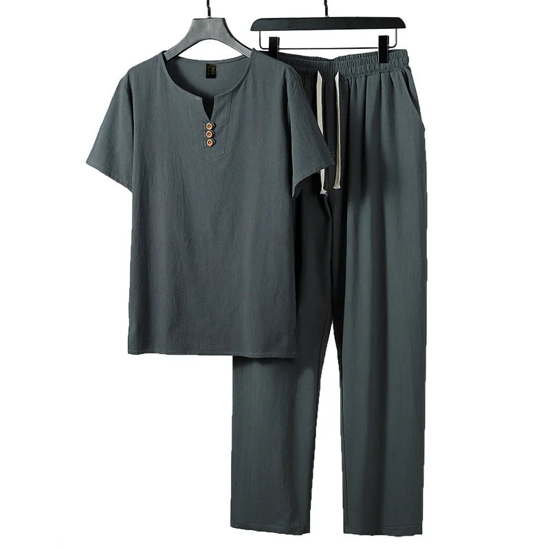 8XL 9XL Plus Size Men's Clothing Vintage Tracksuit 2023 Summer Spring Home Suit Linen T Shirt Casual Male Set Chinese Style Set