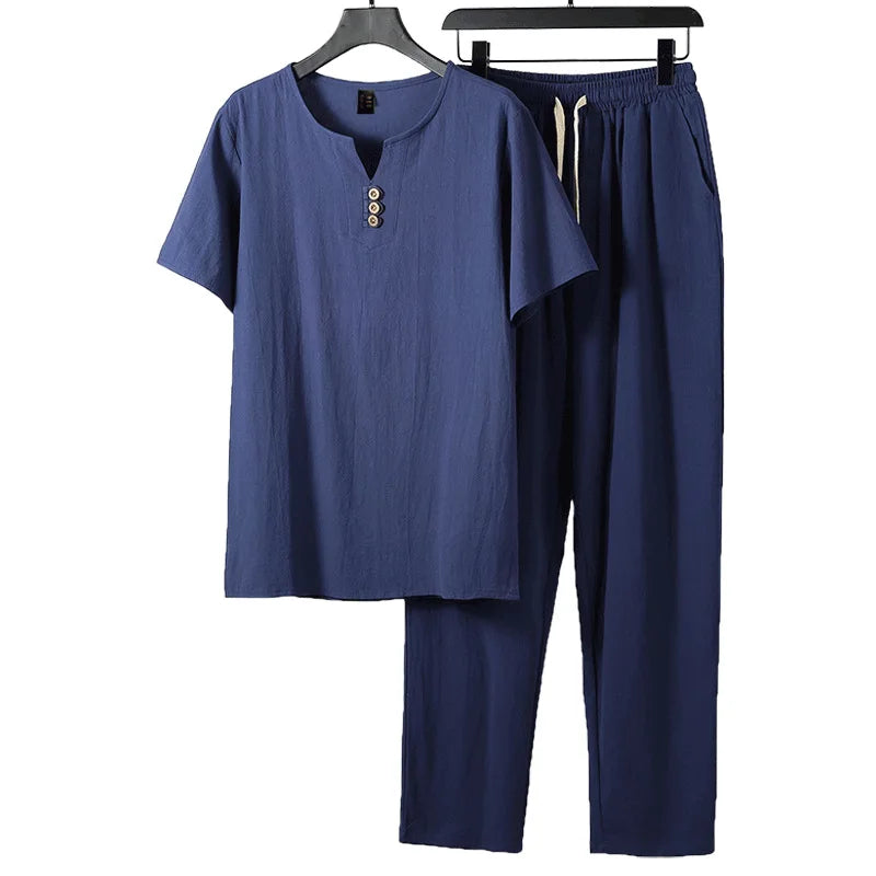 8XL 9XL Plus Size Men's Clothing Vintage Tracksuit 2023 Summer Spring Home Suit Linen T Shirt Casual Male Set Chinese Style Set