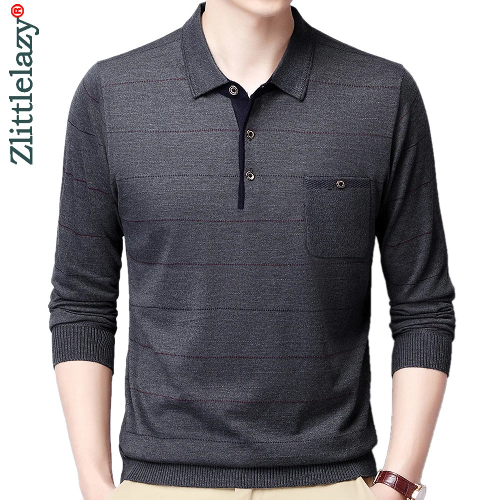 2022 Pocket Long Sleeve Polo Tee Shirt Men Casual Striped Men's Clothing Polos Shirts Mens Fashion Slim Fit Poloshirt Tops 4600