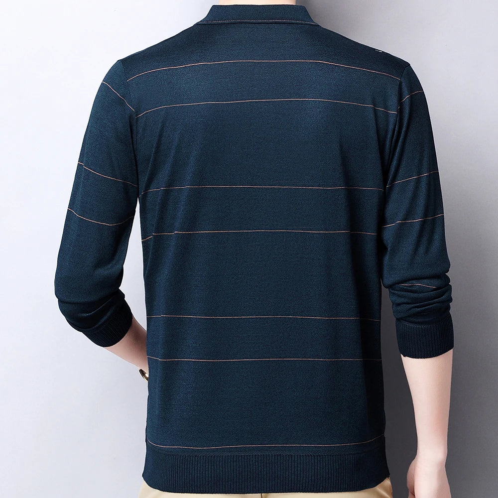 2022 Pocket Long Sleeve Polo Tee Shirt Men Casual Striped Men's Clothing Polos Shirts Mens Fashion Slim Fit Poloshirt Tops 4600