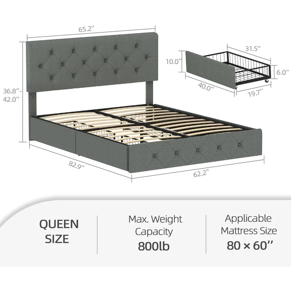 Adjustable Tufted Button Leathaire Headboard Card Holder Easy to Assemble Queen Size Bed Frame Platform With 4 Storage Drawers