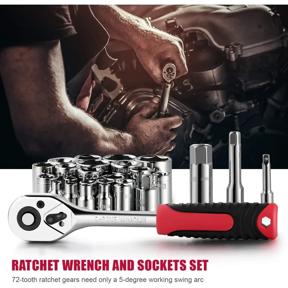 218-Piece Household Tool Kit Automotive Mechanical Tools for Mechanic Auto Repair Tool Set Relife Plier Black + Red