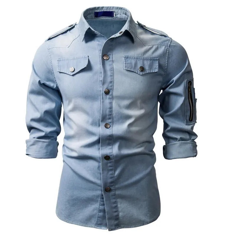 2023 New Men's Denim Turn-down Collar Shirt Coat Fashion Casual Daily Multi Pocket Button Shirt Thin Slim Men's Clothing