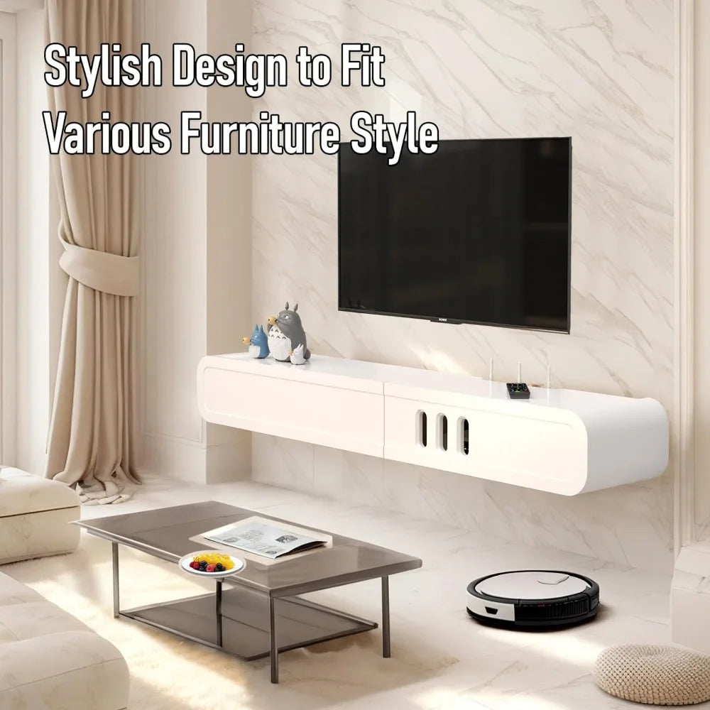52'' High Gloss Wall Mounted TV Cabinet, Floating TV Shelves,Modern Entertainment Media Console Center Large Storage TV Bench