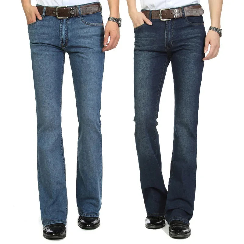 2023 New Men's Business Casual Pants Male Mid Waist Elastic Slim Boot Cut Semi-Flared Four Seasons Bell Bottom Jeans 26-38