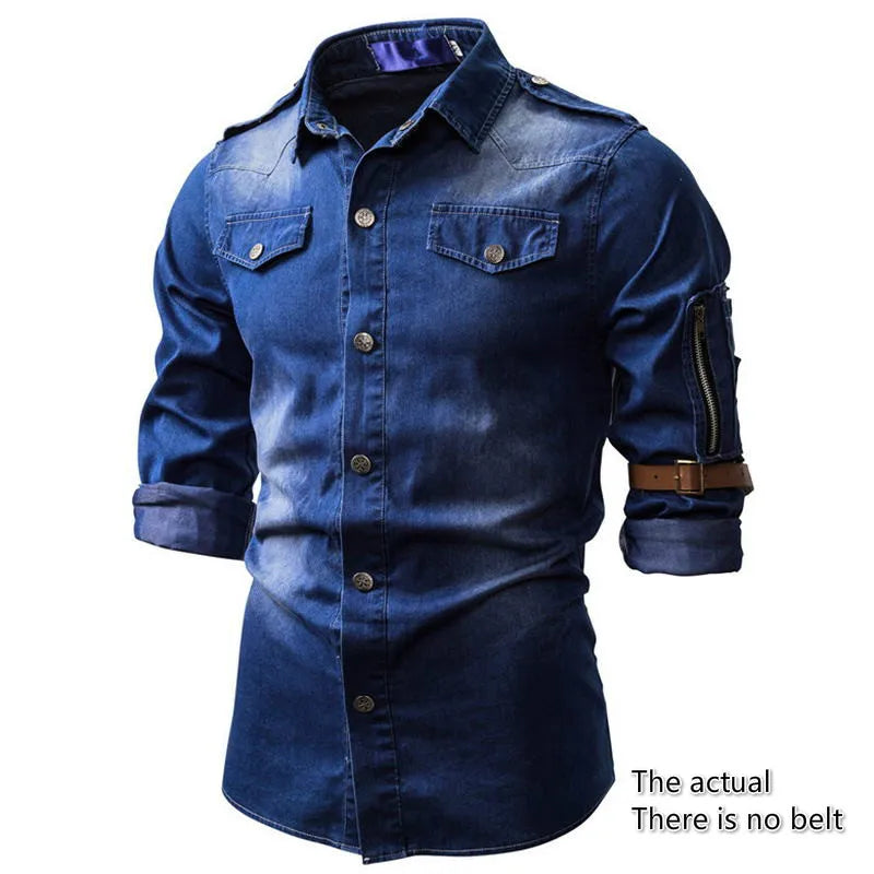 2023 New Men's Denim Turn-down Collar Shirt Coat Fashion Casual Daily Multi Pocket Button Shirt Thin Slim Men's Clothing