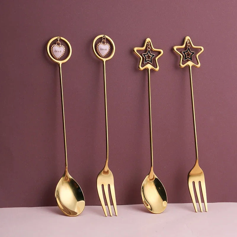 304 Stainless Steel Coffee Spoon watermelon ice cream spoon Tea Spoons Dessert Spoon Fork With Pretty Pendant Creative Tableware