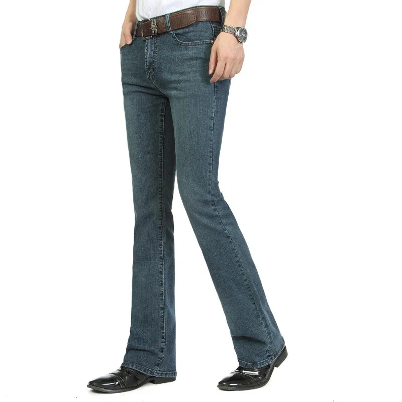 2023 New Men's Business Casual Pants Male Mid Waist Elastic Slim Boot Cut Semi-Flared Four Seasons Bell Bottom Jeans 26-38