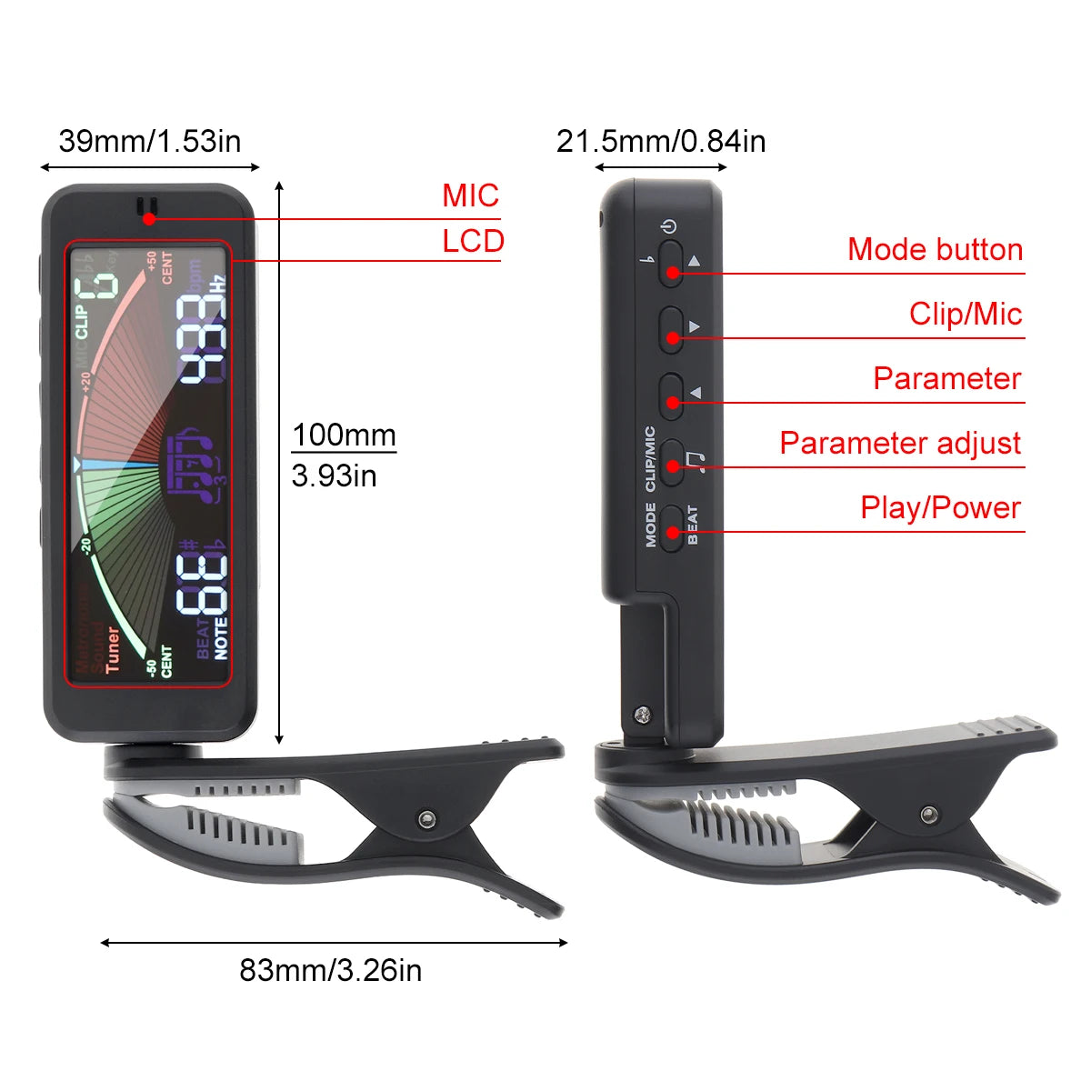 3 IN 1 Digital Guitar Tuner Metronome Generator Large LCD Screen Clip-on Tuner for Chromatic Acoustic Guitar Bass Ukulele Violin