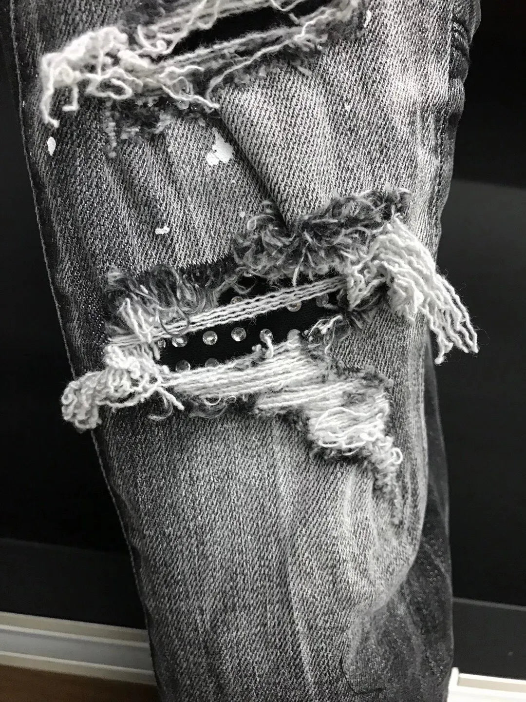2023 New Jeans for Men's D2 Jeans Black Grey Wash Large Face Cut out Patches Micro Elastic Slim Fit Small Feet Hot Diamond