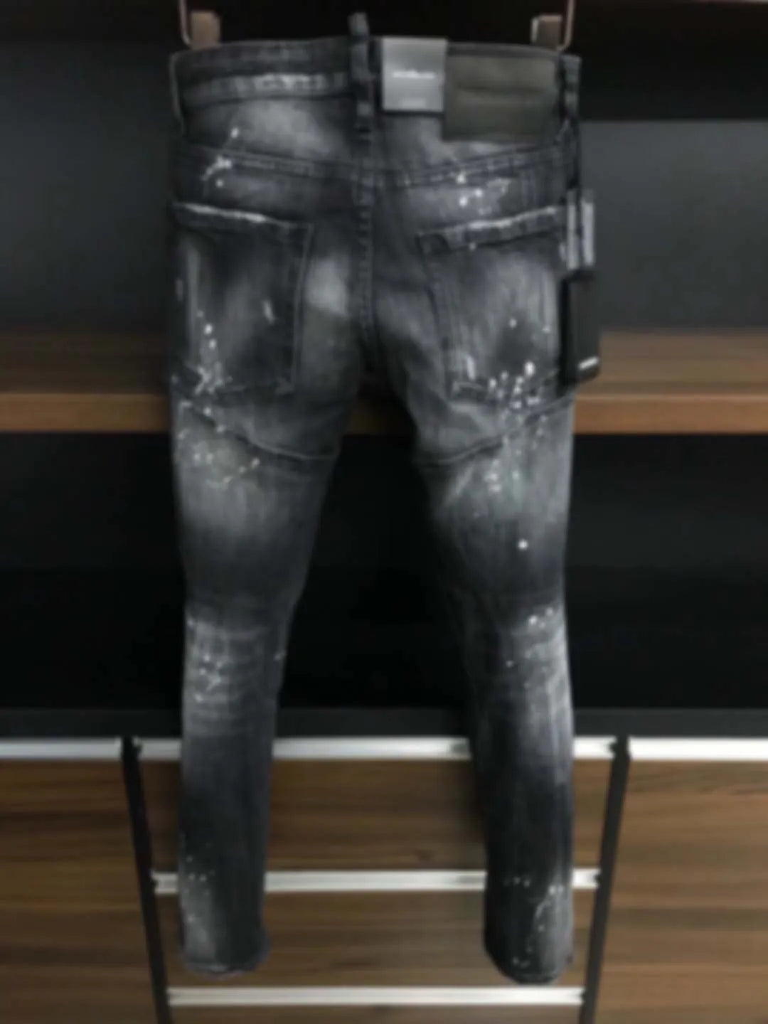 2023 New Jeans for Men's D2 Jeans Black Grey Wash Large Face Cut out Patches Micro Elastic Slim Fit Small Feet Hot Diamond