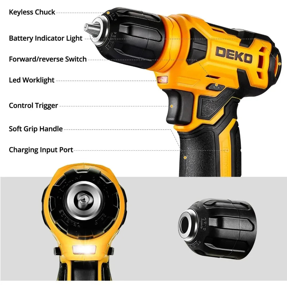 DEKOPRO 126 Piece Power Tool Combo Kits with 8V Cordless Drill, 10MM 3/8'' Keyless Chuck, Professional Household