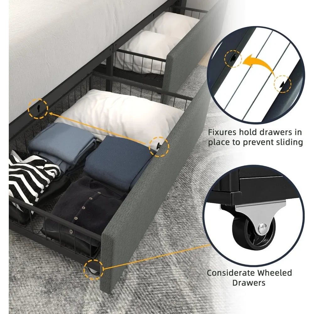 Adjustable Tufted Button Leathaire Headboard Card Holder Easy to Assemble Queen Size Bed Frame Platform With 4 Storage Drawers