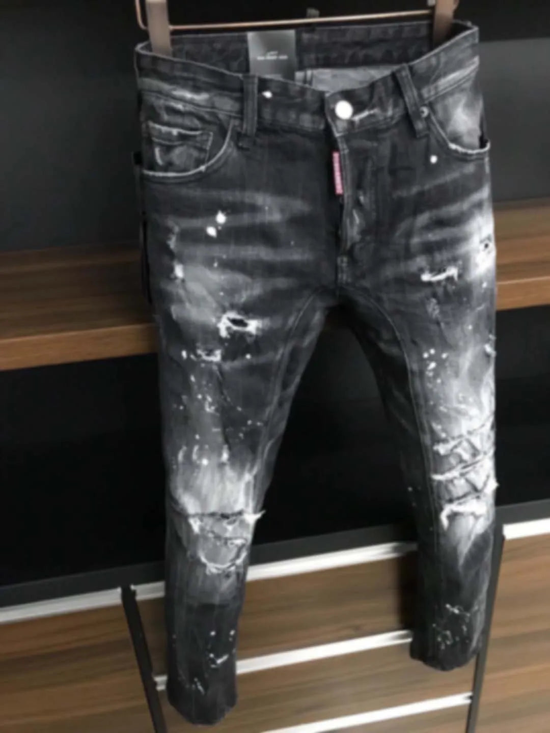 2023 New Jeans for Men's D2 Jeans Black Grey Wash Large Face Cut out Patches Micro Elastic Slim Fit Small Feet Hot Diamond