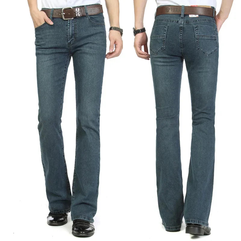 2023 New Men's Business Casual Pants Male Mid Waist Elastic Slim Boot Cut Semi-Flared Four Seasons Bell Bottom Jeans 26-38