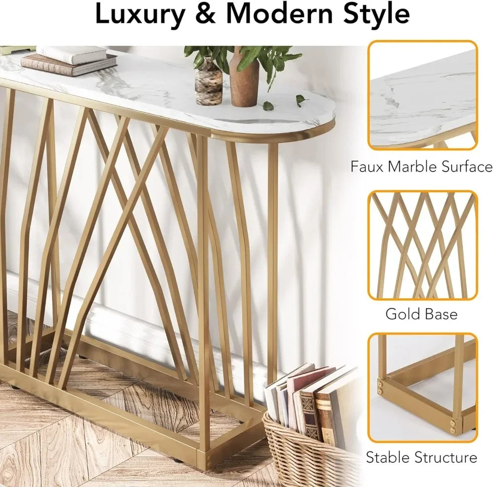 Modern Console Table, 43 in White Faux Marble Sofa Table Behind Couch, Wood Hallway Foyer Table for Entrance, Narrow Entryway