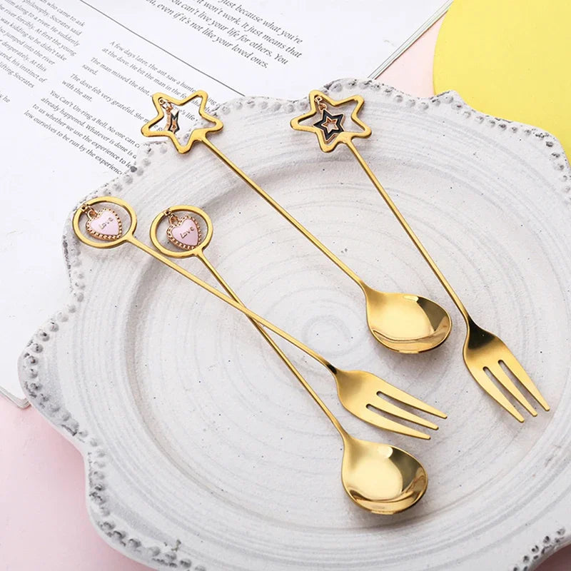 304 Stainless Steel Coffee Spoon watermelon ice cream spoon Tea Spoons Dessert Spoon Fork With Pretty Pendant Creative Tableware