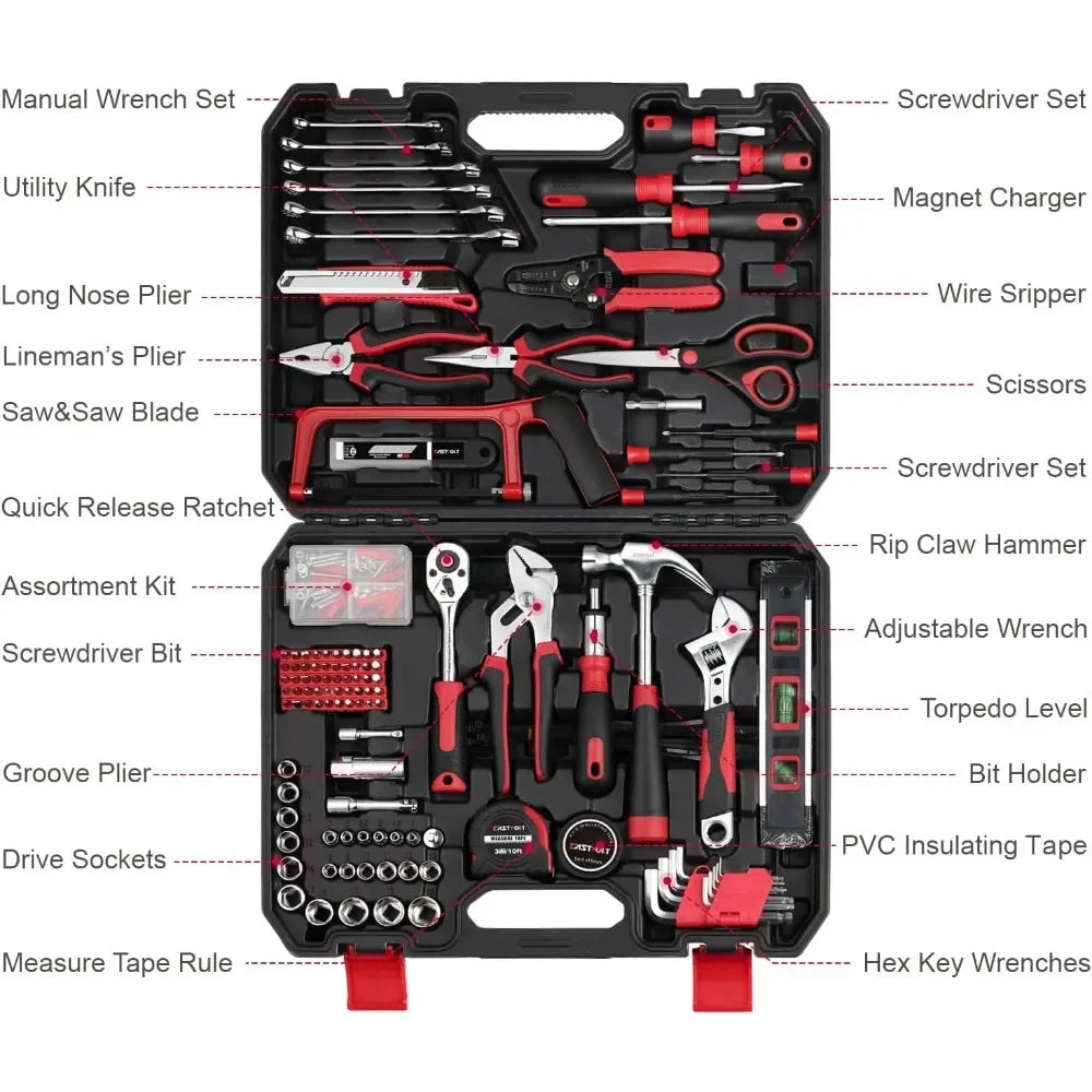 218-Piece Household Tool Kit Automotive Mechanical Tools for Mechanic Auto Repair Tool Set Relife Plier Black + Red