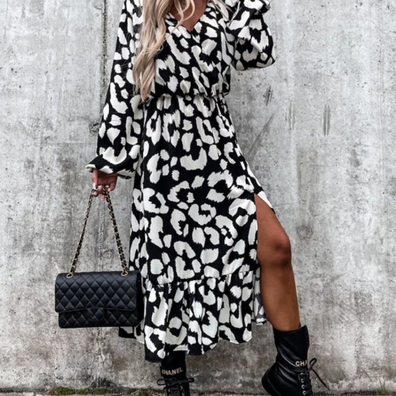 Women's Season Leopard Print Long Sleeve Slit Dress