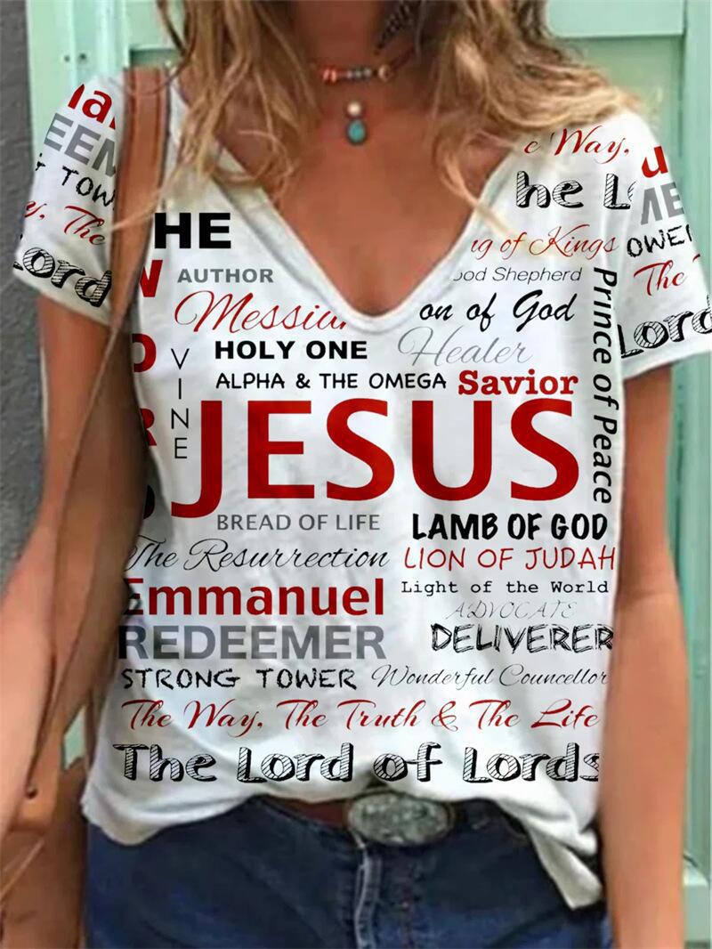 Women's Face Print Short Sleeve V-neck