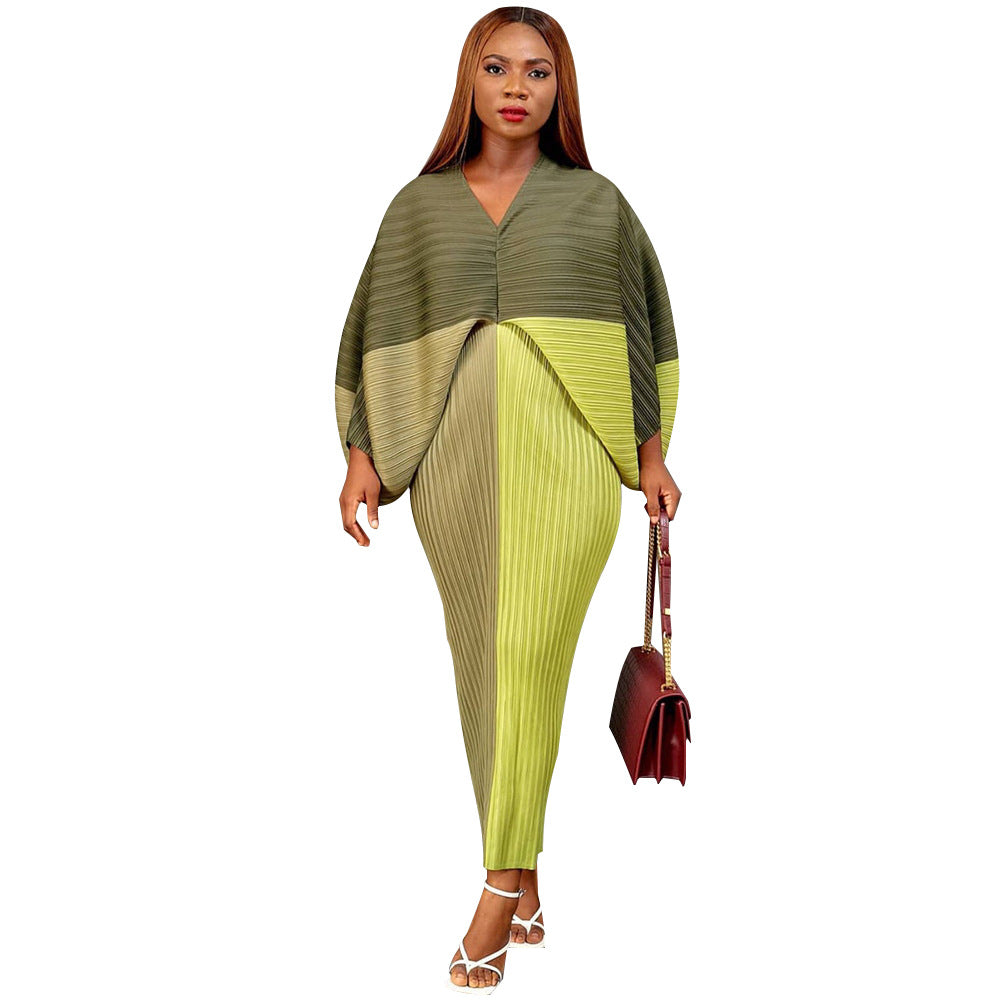V-collar Contrast Color Pleated Batwing Sleeve Dress