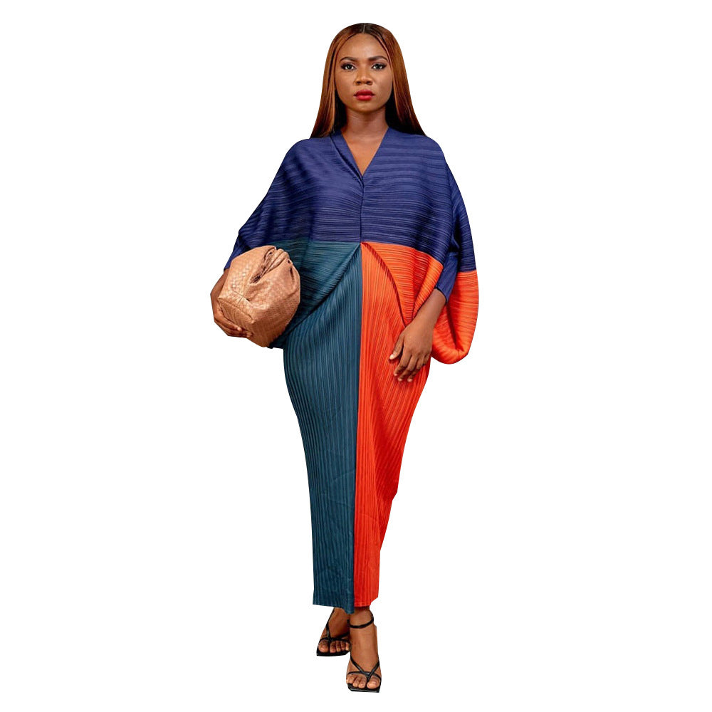 V-collar Contrast Color Pleated Batwing Sleeve Dress