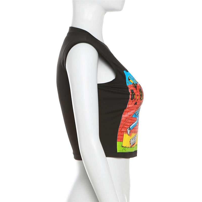 Women's Fashion Cartoon Print Short Slim Fit Sleeveless Top