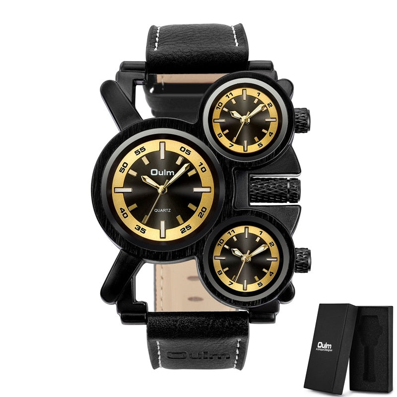 Punk Style Men Watches Oulm 1167 New Retro Male Quartz Watch Unique 3 Time Zone Quartz Clock Leather Man Military Wristwatch