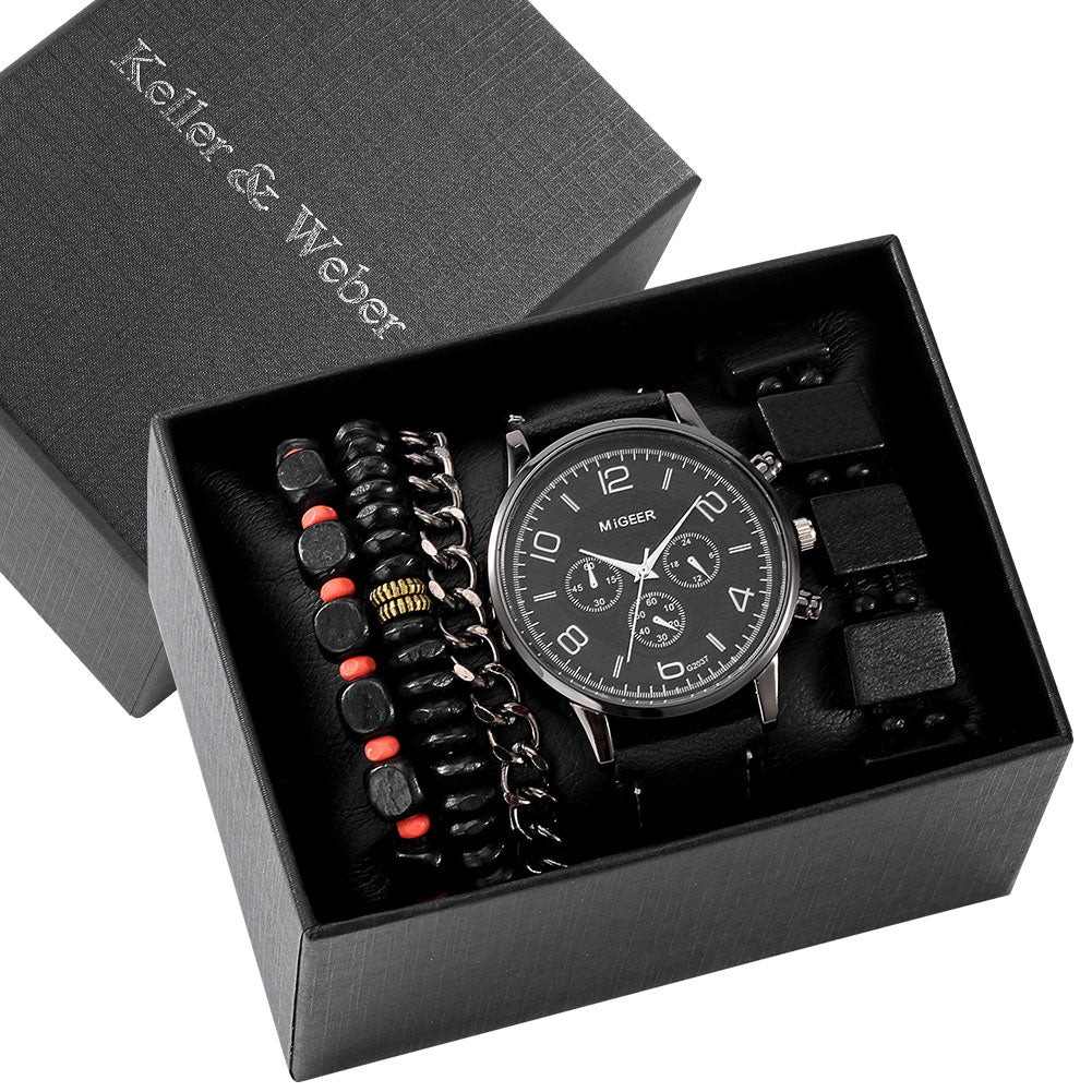 Watch Gift Set for Men Black Quartz Numerals Dial Men's Leather Watches Adjustable Bracelet Men Gift Set for Birthday with Boxes