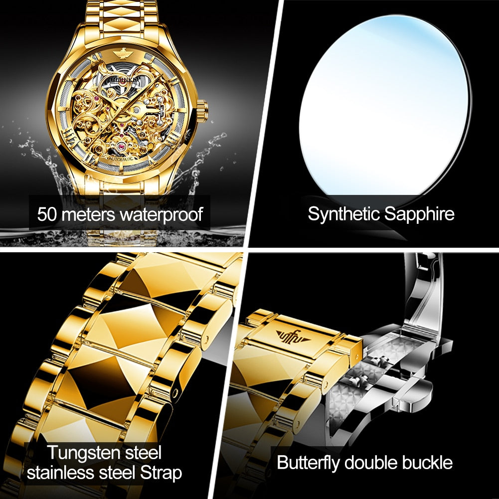 OUPINKE Watches for Men Skeleton Automatic Mechanical Watch Self Winding Sapphire Crystal Luxury Dress Tungsten Steel Waterproof