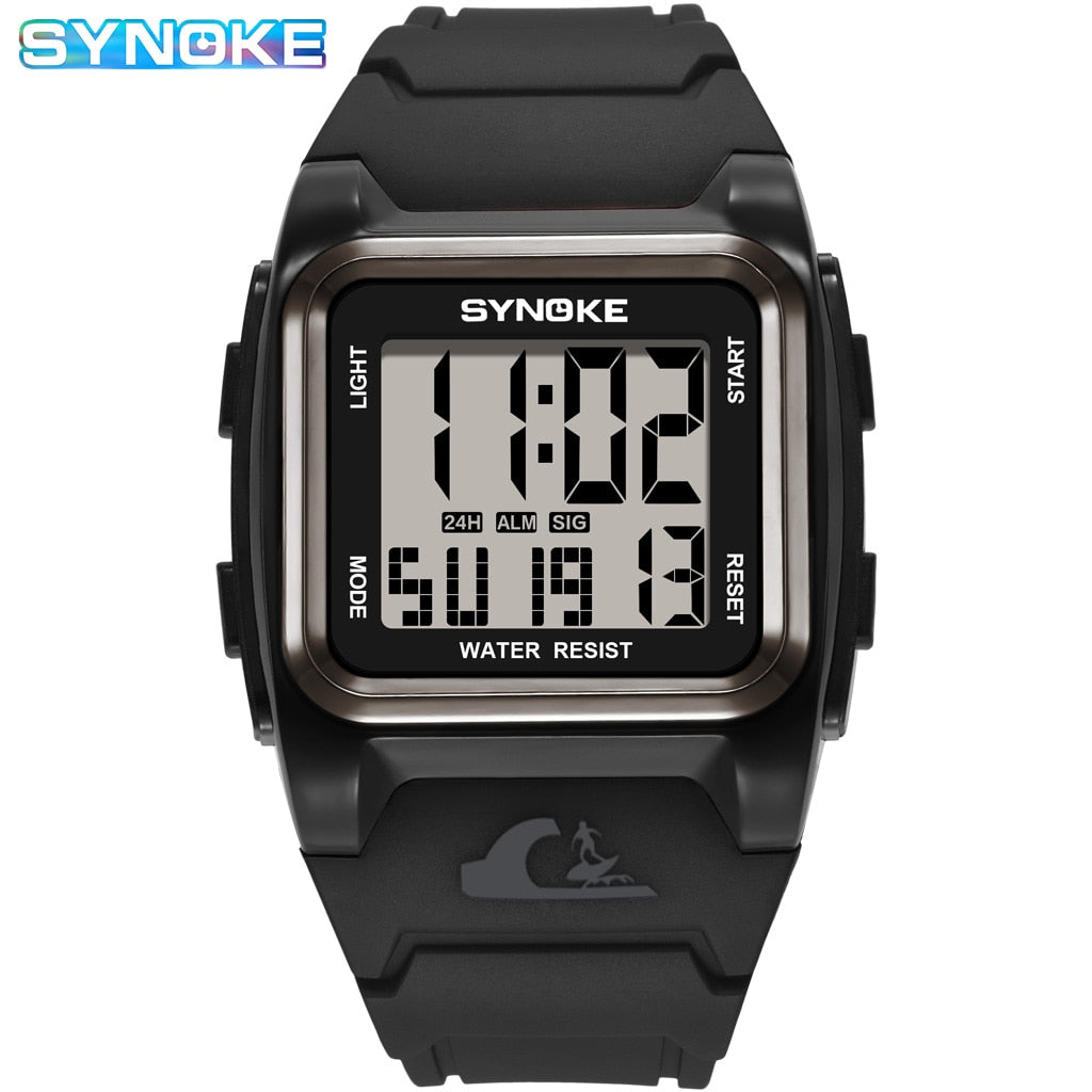 SYNOKE Men Sport Mlitary Watch 5ATM Waterproof Japanese Movement Electronic Watch Count Sports Watches Men Bracelet Alarm Clock