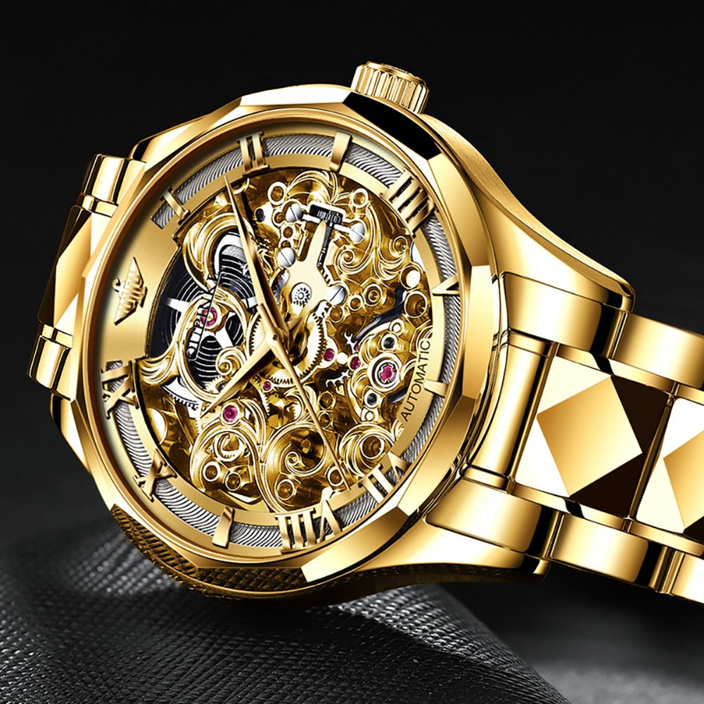 OUPINKE Watches for Men Skeleton Automatic Mechanical Watch Self Winding Sapphire Crystal Luxury Dress Tungsten Steel Waterproof