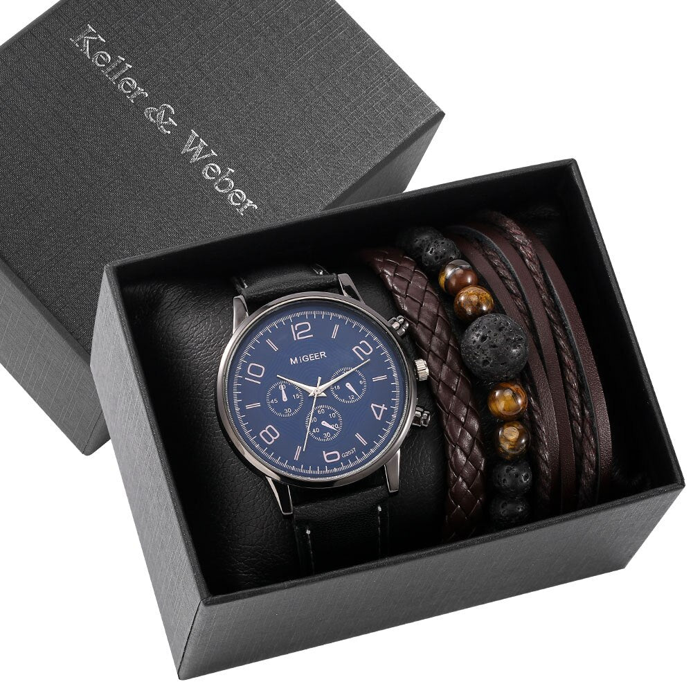 Watch Gift Set for Men Black Quartz Numerals Dial Men's Leather Watches Adjustable Bracelet Men Gift Set for Birthday with Boxes