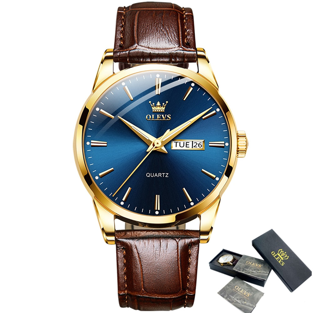 OLEVS Men Watches Top Brand Luxury Fashion Business Breathable Leather Luminous Hand Quartz Wristwatch Gift for Man Reloj Hombre