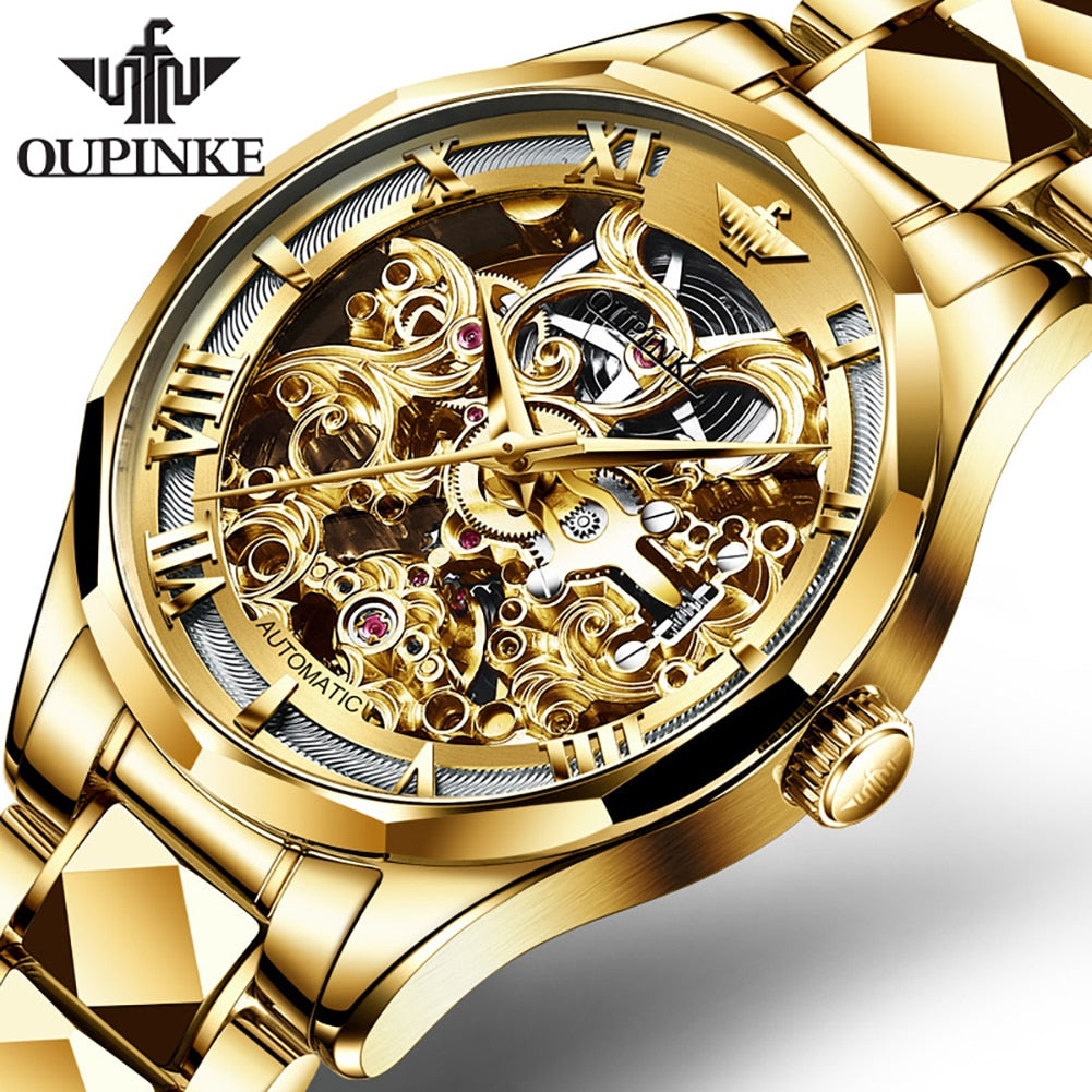 OUPINKE Watches for Men Skeleton Automatic Mechanical Watch Self Winding Sapphire Crystal Luxury Dress Tungsten Steel Waterproof