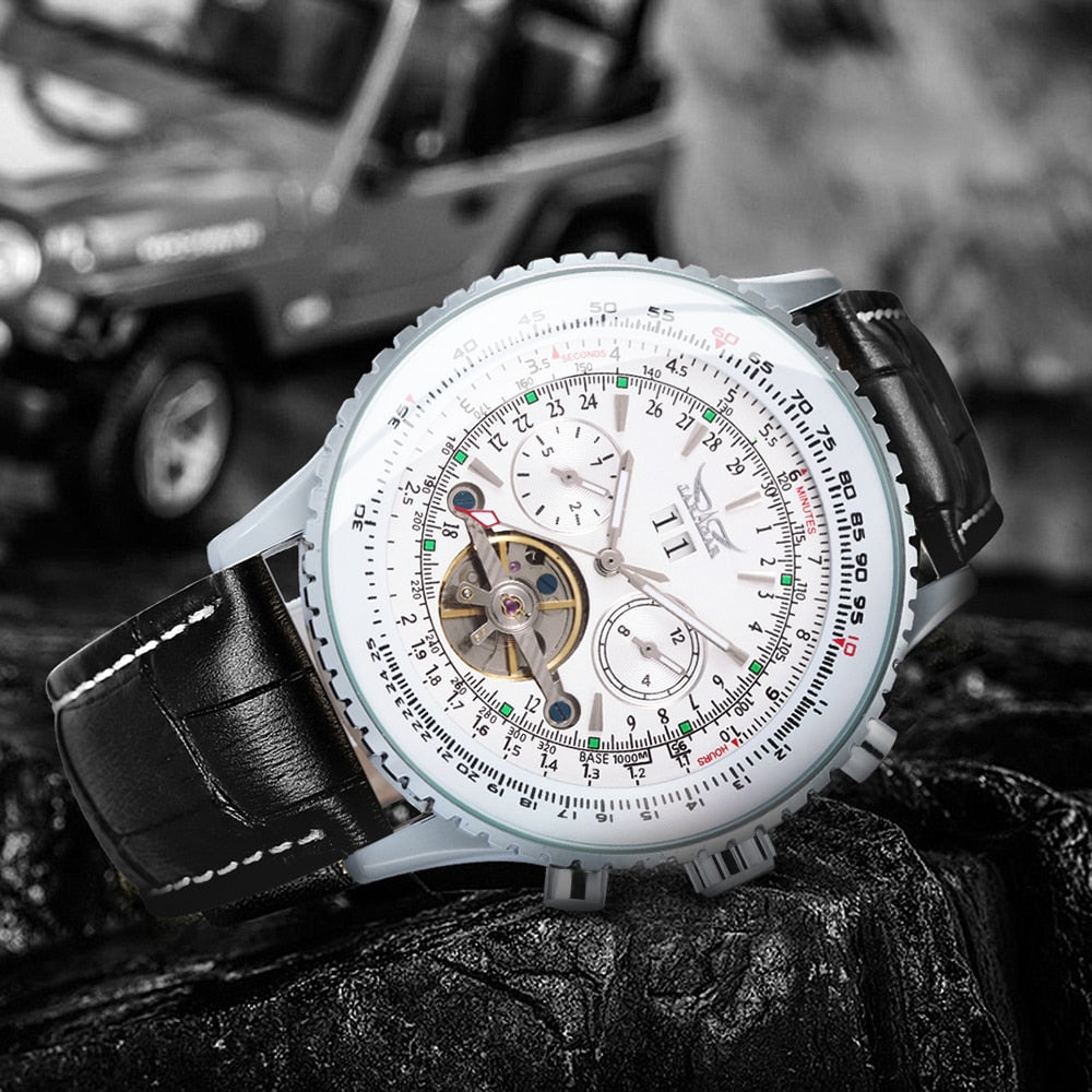 JARAGAR Tourbillon Watch for Men Mechanical Wristwatches Classic Mens Watches Top Brand Luxury Leather Strap Calendar Clock New