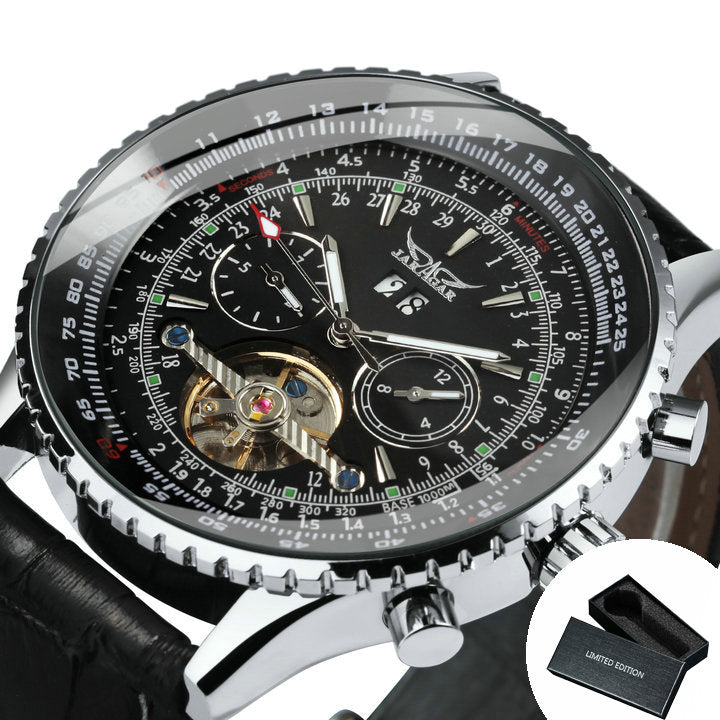 JARAGAR Tourbillon Watch for Men Mechanical Wristwatches Classic Mens Watches Top Brand Luxury Leather Strap Calendar Clock New