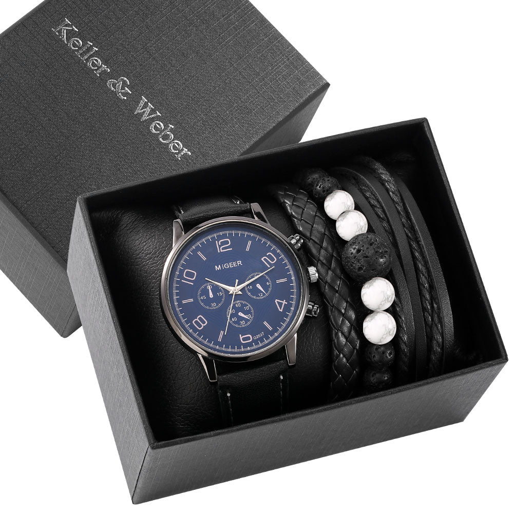 Watch Gift Set for Men Black Quartz Numerals Dial Men's Leather Watches Adjustable Bracelet Men Gift Set for Birthday with Boxes