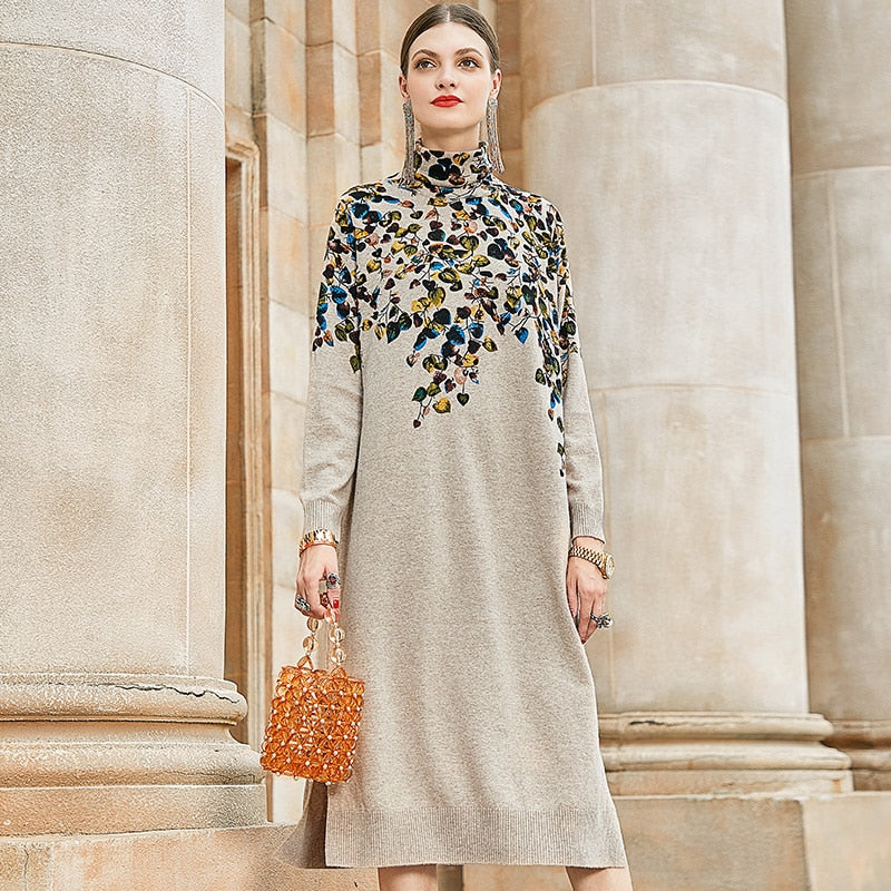 ZUOMAN Autumn 2022 retro casual print loose dress winter high collar long sleeve dress women's elegant bodycon party Vestido