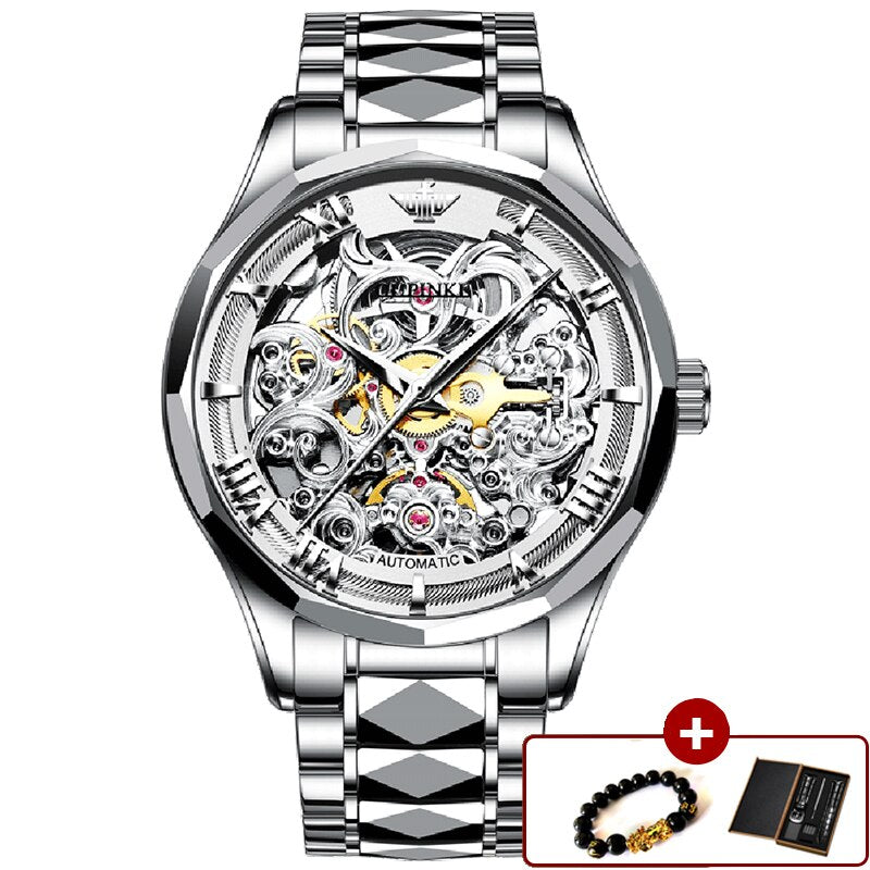 OUPINKE Watches for Men Skeleton Automatic Mechanical Watch Self Winding Sapphire Crystal Luxury Dress Tungsten Steel Waterproof