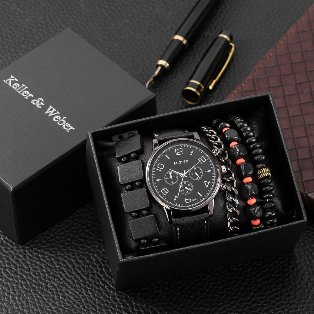 Watch Gift Set for Men Black Quartz Numerals Dial Men's Leather Watches Adjustable Bracelet Men Gift Set for Birthday with Boxes