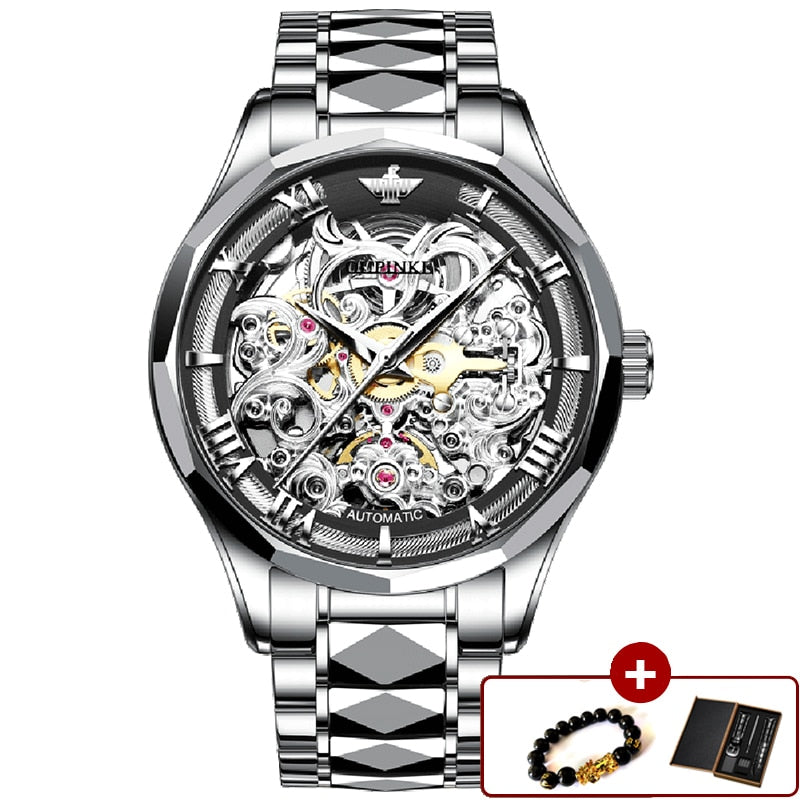 OUPINKE Watches for Men Skeleton Automatic Mechanical Watch Self Winding Sapphire Crystal Luxury Dress Tungsten Steel Waterproof